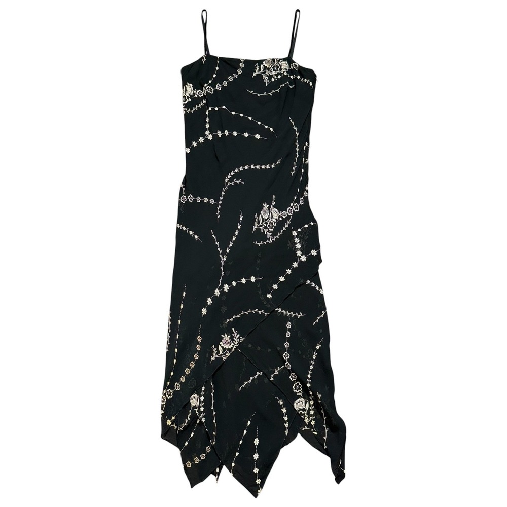 Eva Blue VTG Y2K Fairycore Asymmetrical Midi Dress Black Floral Whimsigoth SZ 8
